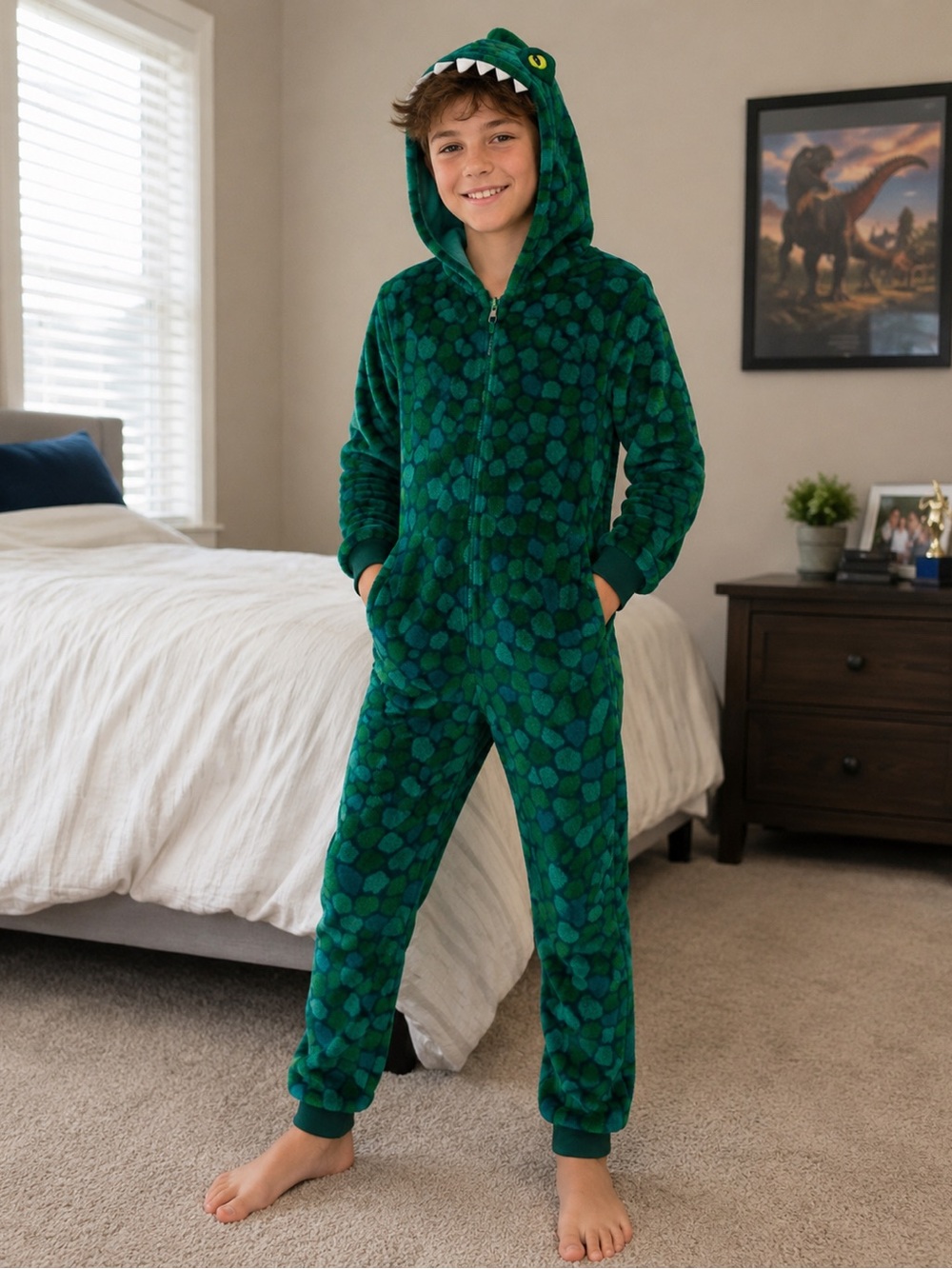 Santeve Kids Dinosaur Fleece Pajamas Hooded One Piece Costume Green Size M 10-12